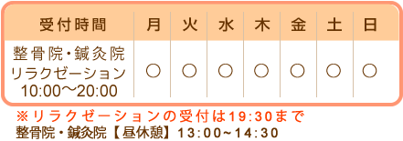 土日も営業、整骨院・鍼灸院10:00～13:00/14:30～20:00、リラクゼーション10:00～19:30